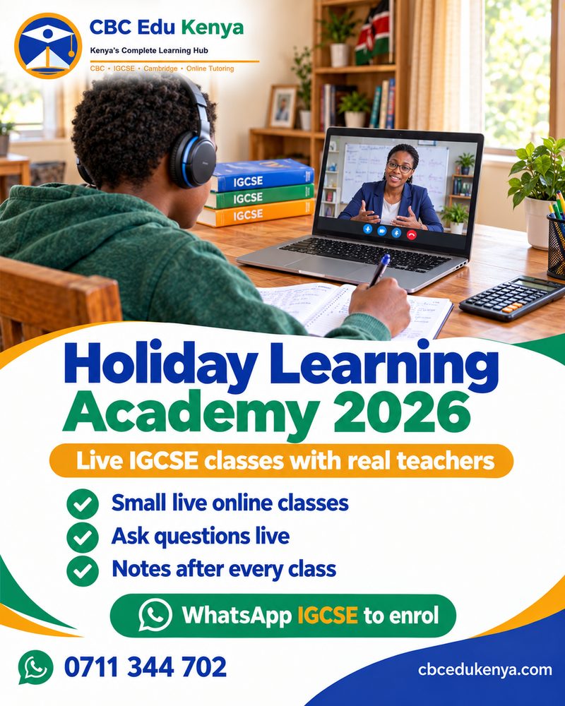 Holiday Learning Academy 2026 poster: an IGCSE student in a live online class with a calculator and past papers. Small live online classes, ask questions live, notes after every class.