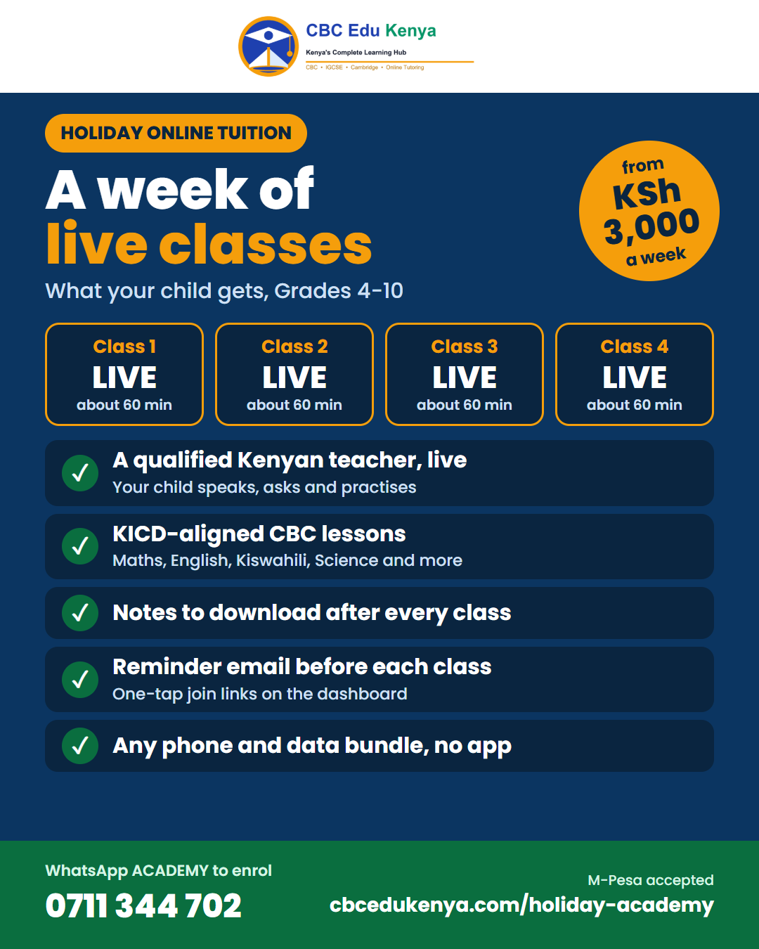 Infographic: a week of live classes with CBC Edu Kenya. Four live classes of about 60 minutes, a qualified Kenyan teacher, KICD-aligned CBC lessons, notes after every class, reminder emails and one-tap join links, any phone and data bundle, from KSh 3,000 a week. WhatsApp ACADEMY to 0711 344 702.