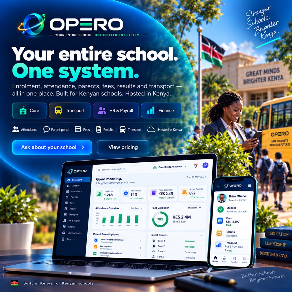 Opero: your entire school, one system. Core, Transport, HR and Payroll, Finance. Built in Kenya for Kenyan schools.
