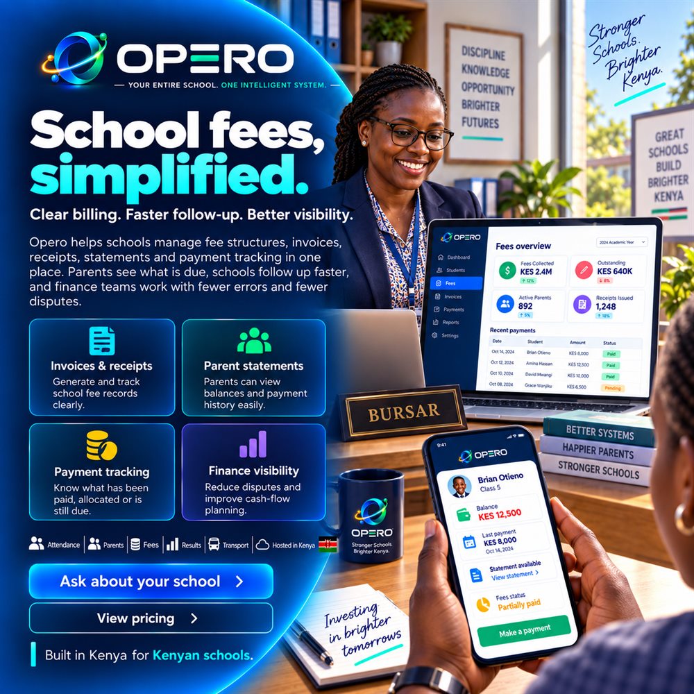 Opero: school fees simplified. Fee structures, invoices, receipts, statements and payment tracking in one place.