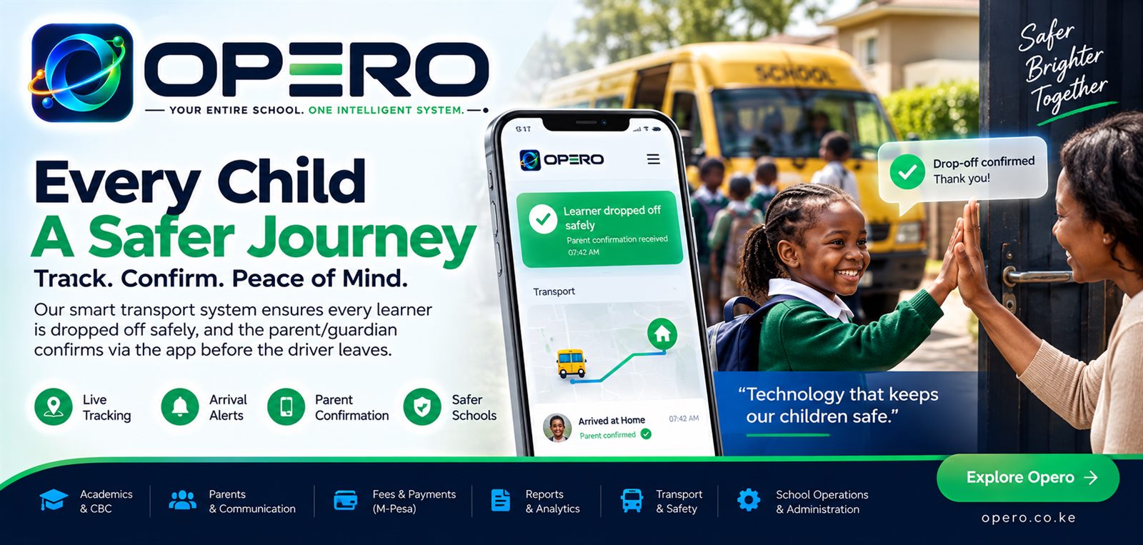 Opero: every child a safer journey. Live tracking, arrival alerts and parent confirmation before the school bus driver leaves.