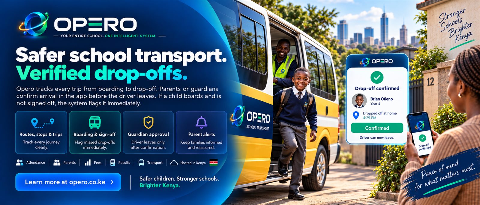 Opero: safer school transport with verified drop-offs. A child who boards and is not signed off is flagged immediately.